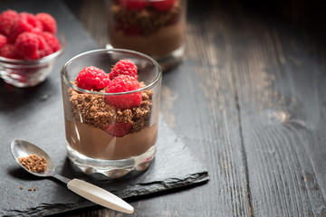 Chocolate dessert with raspberries