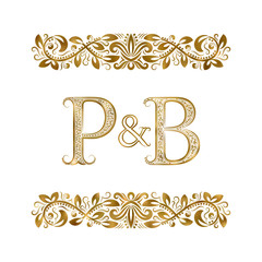 P and B vintage initials logo symbol. The letters are surrounded by ornamental elements. Wedding or business partners monogram in royal style.