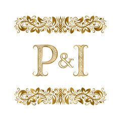 P and I vintage initials logo symbol. The letters are surrounded by ornamental elements. Wedding or business partners monogram in royal style.