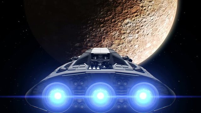 Destination Mercury. Giant Spaceship flies to Planet, engines flashing, 3d animation. Texture of the Planet was created in the graphic editor without photos and other images.