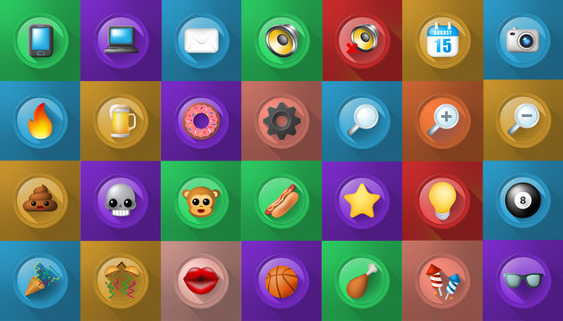 Set of Icons on Buttons on Color Background . Fully Scalable Vector Elements