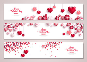 Valentines horizontal banners, tree with hearts - obrazy, fototapety, plakaty