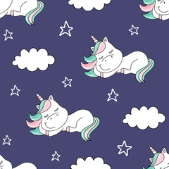 Seamless pattern with dreaming unicorn and clouds