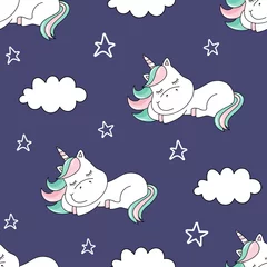 Aluminium Prints Sleeping animals Seamless pattern with dreaming unicorn and clouds