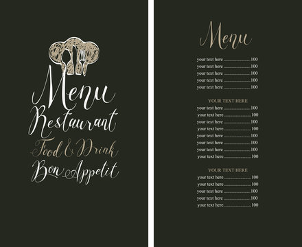 Vector template restaurant menu with price list, chef hat, cutlery and handwritten inscriptions on a black background in retro style