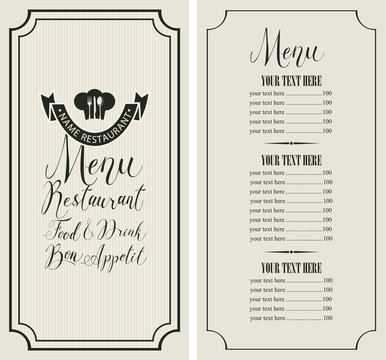 Vector template restaurant menu with price list, chef hat, cutlery and handwritten inscriptions in figured frame in retro style