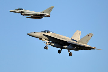 Fototapeta na wymiar Cazas Eurofighter Typhoon y F-18 Hornet aterrizando