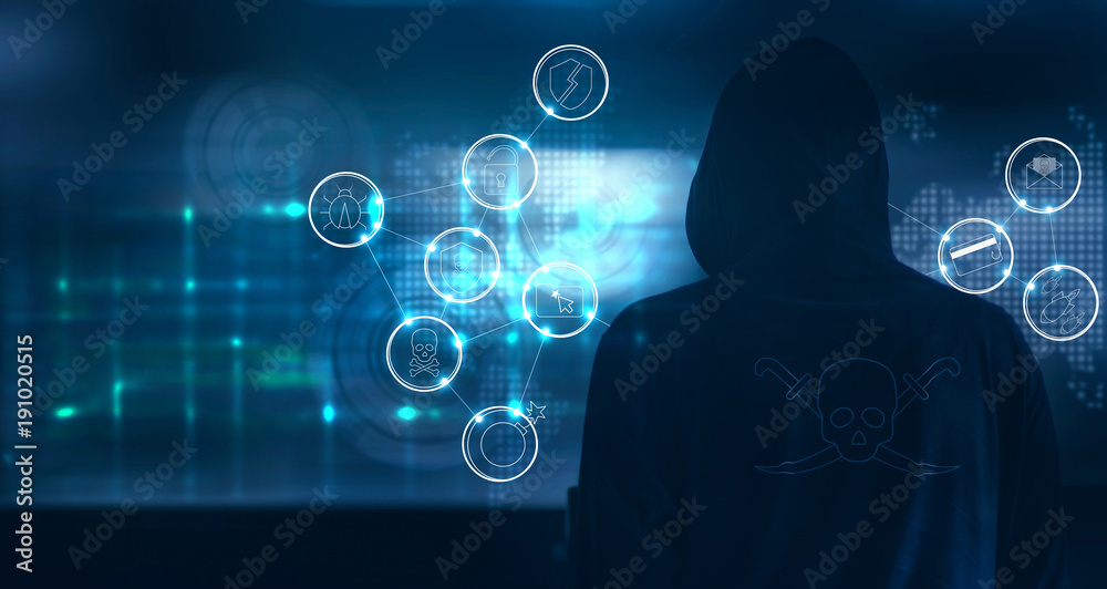 Fototapete Hacker standing and prepare to attack with cyber crime icons on world map and screen binary code background