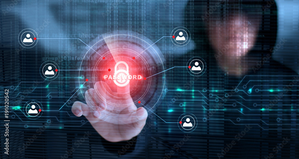 Poster Hacker touching lock icon and password with binary code screen background. Cyber crime concept