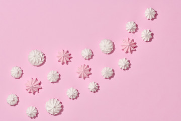 Meringue background. Pink Candies Sweets. Vanilla Pastel Color. Wedding bride set. Trendy fashion Style. Layout. Meringue Dessert. Minimal. Art