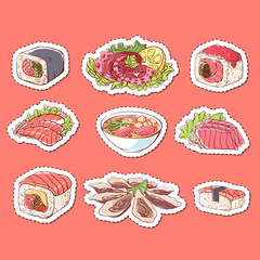 Japanese cuisine dishes isolated labels. Octopus, oysters, tuna, nigiri, sushi roll with shrimps, sashimi with salmon, soup with seafoods sketches. Asian restaurant menu design vector illustration.