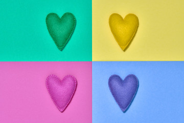 Colorful Hearts. Valentines Day, Love. Handmade hearts set. Trendy fashion Style. Bright Love background. Creative Romantic concept. Minimal design. Pop Art