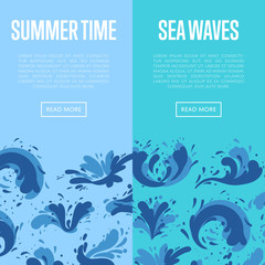 Fototapeta na wymiar Sea waves flyers with water splash elements. Summer rest and marine leisure, natural nautical design vector illustration. Abstract wavy flow, tide water roller, foamy and stormy ocean wave sign.
