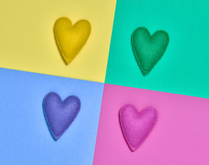 Colorful Hearts. Valentines Day, Love. Handmade hearts set. Trendy fashion Style. Bright Love background. Creative Romantic concept. Minimal design. Pop Art