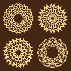 DIY laser cutting patterns. Jigsaw die cut ornaments. Islamic cutout silhouette stencils. Fretwork round panels. Vector coasters for paper cutting, scrapbook and woodcut.