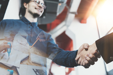 Two business people shaking hands after meeting. Finishing successful transaction and partnership. Double exposure