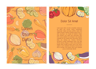 Natural organic nutrition poster with fresh vegetables. Eco farm products advertising, vegan cafe menu design. Carrot, pumpkin, cucumber, onion, pepper, tomato, eggplant, garlic vector illustration