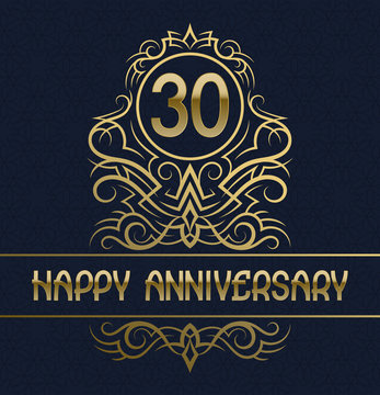 Happy anniversary greeting card template for thirty years celebration. Vintage design with golden elements.