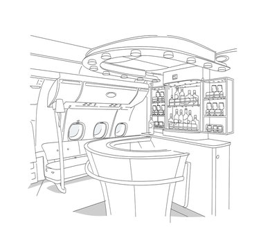 Linear drawing of the bar interior of  bar business-class aircraft.  Isolated on white background