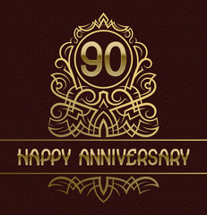 Happy anniversary greeting card template for ninety years celebration. Vintage design with golden elements.