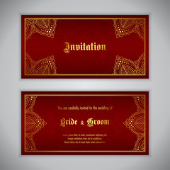 Luxury wedding invitation with golden ornament. Vector illustration