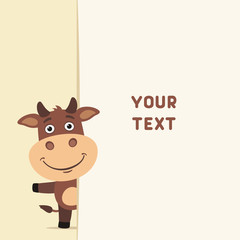 Funny cow looks out over the fields to text. Template with cow for cards, invitations or greetings
