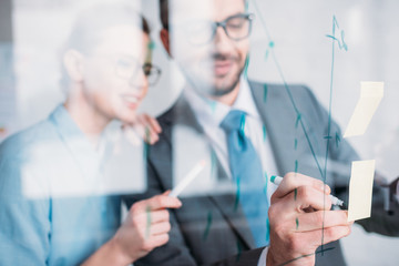 young businesspeople drawing graphs on glass presentation board