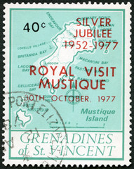 Naklejka premium GRENADINES OF SAINT VINCENT - 1974: shows Map of Mustique Island