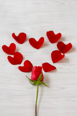 heart shaped rose petals and woody background
