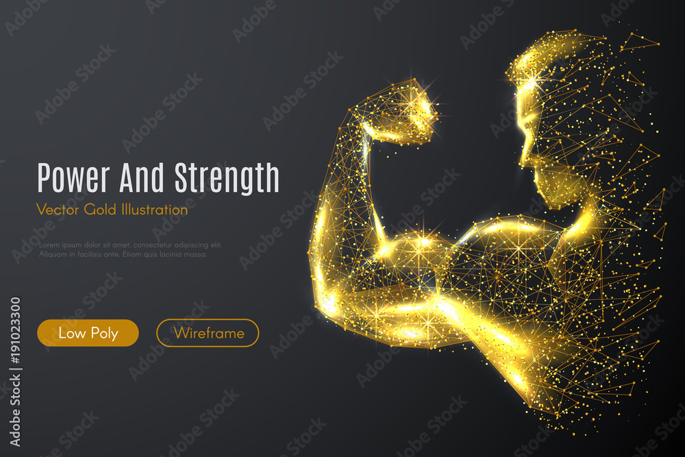 Poster Low poly illustration of the biceps with a golden dust effect. Sparkle stardust. Glittering vector with gold particles on dark background. Polygonal wireframe from dots and lines.