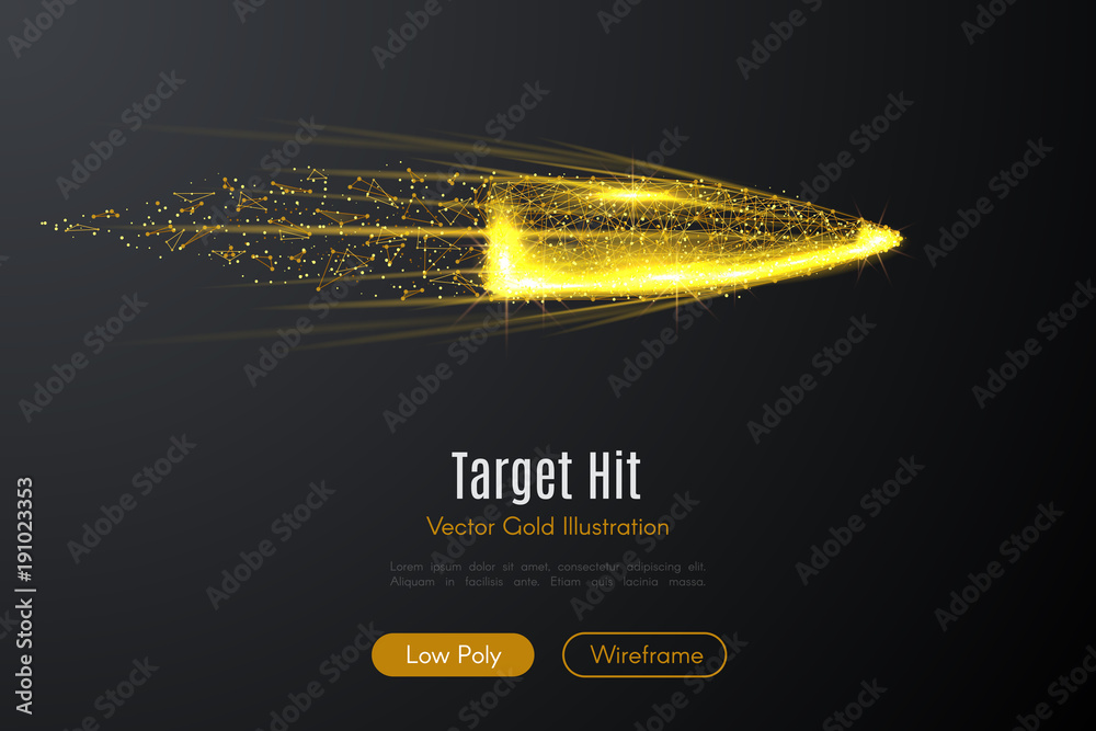 Poster Low poly illustration of the bullet with a golden dust effect. Sparkle stardust. Glittering vector with gold particles on dark background. Polygonal wireframe from dots and lines.