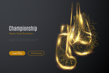 Low poly illustration of the boxing gloves with a golden dust effect. Sparkle stardust. Glittering vector with gold particles on dark background. Polygonal wireframe from dots and lines.