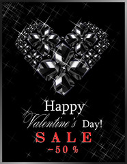 Sale happy Valentine's Day with a heart of precious black stones on a black background and congratulations