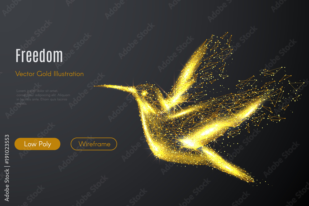 Poster Low poly illustration of the hummingbird with a golden dust effect. Sparkle stardust. Glittering vector with gold particles on dark background. Polygonal wireframe of colibri from dots and lines.