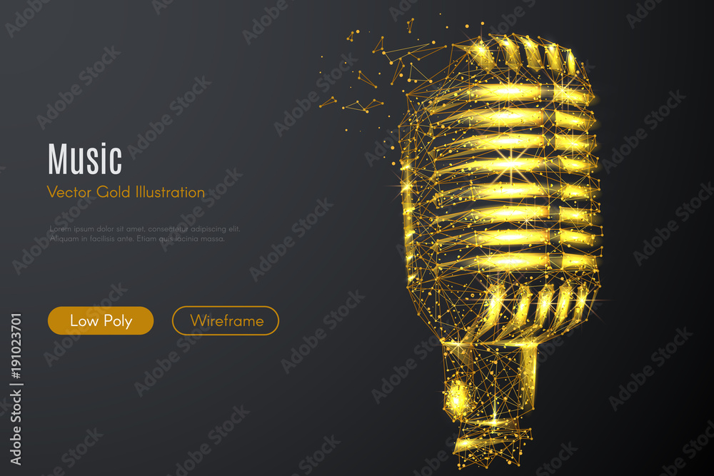 Poster Low poly illustration of the Vintage microphone with a golden dust effect. Sparkle stardust. Glittering vector with gold particles on dark background. Polygonal wireframe from dots and lines.