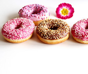 Set of Tasty donuts on white background.Top view.