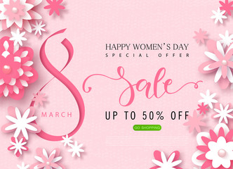 8 March Happy Women's Day sale banner. Beautiful Background with paper flowers. Vector illustration for website , posters, email and newsletter designs, ads, coupons, promotional material.