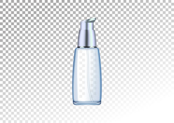 Vector empty silver and blue package for cosmetic products with pump, tube for lotion, tonic, cream. Realistic mockup of glass container with batcher isolated on white-transparent background.
