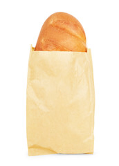 Bread in plastic bag isolated on white background.