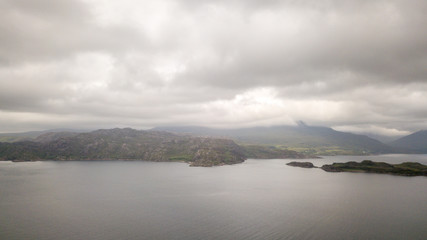 Loch Torridon, Scottish Highlands. An aerial view over a sea loch in the northwest of Scotland and the Highlands on a typically grey and overcast day.