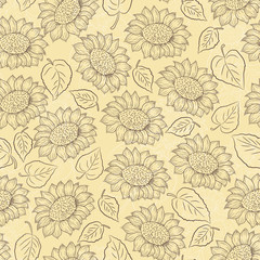 Sunflower line vector and leaves seamless pattern on light yellow background, country style