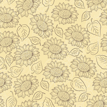 Sunflower line vector and leaves seamless pattern on light yellow background, country style