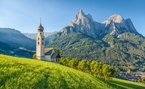 Alpine scenery with church in the Dolomites, Seis am Schlern, South Tyrol, Italy