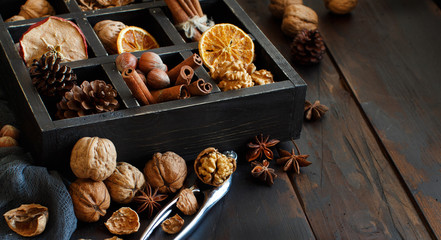 A box full of spices and nuts