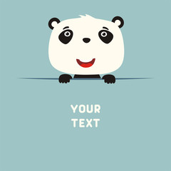 Obraz premium Funny panda looks out from behind the text. Postcard with cartoon panda with a field for your text.