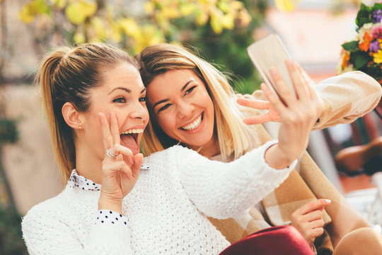 Two Women Friends Taking A Selfie