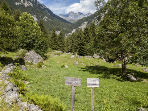 Vista aerea di cartelli con indicazioni per percorsi da seguire. Val di Mello, montagne di granito e boschi, ribattezzata la Yosemite Valley italiana. Val Masino, Valtellina, Sondrio. Italia