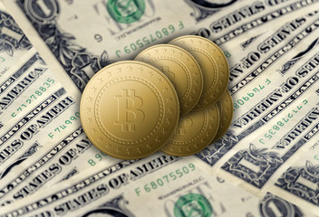 Golden bitcoins lie on dollars bills