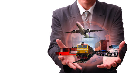 Transportation, import-export and logistics concept, container truck, ship in port and freight cargo plane in transport and import-export commercial logistic, shipping business industry
