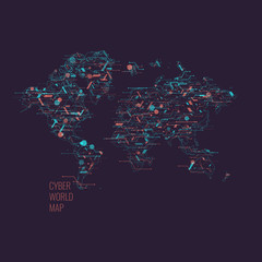 World map on a dark background. Global Digital technologies and communications.